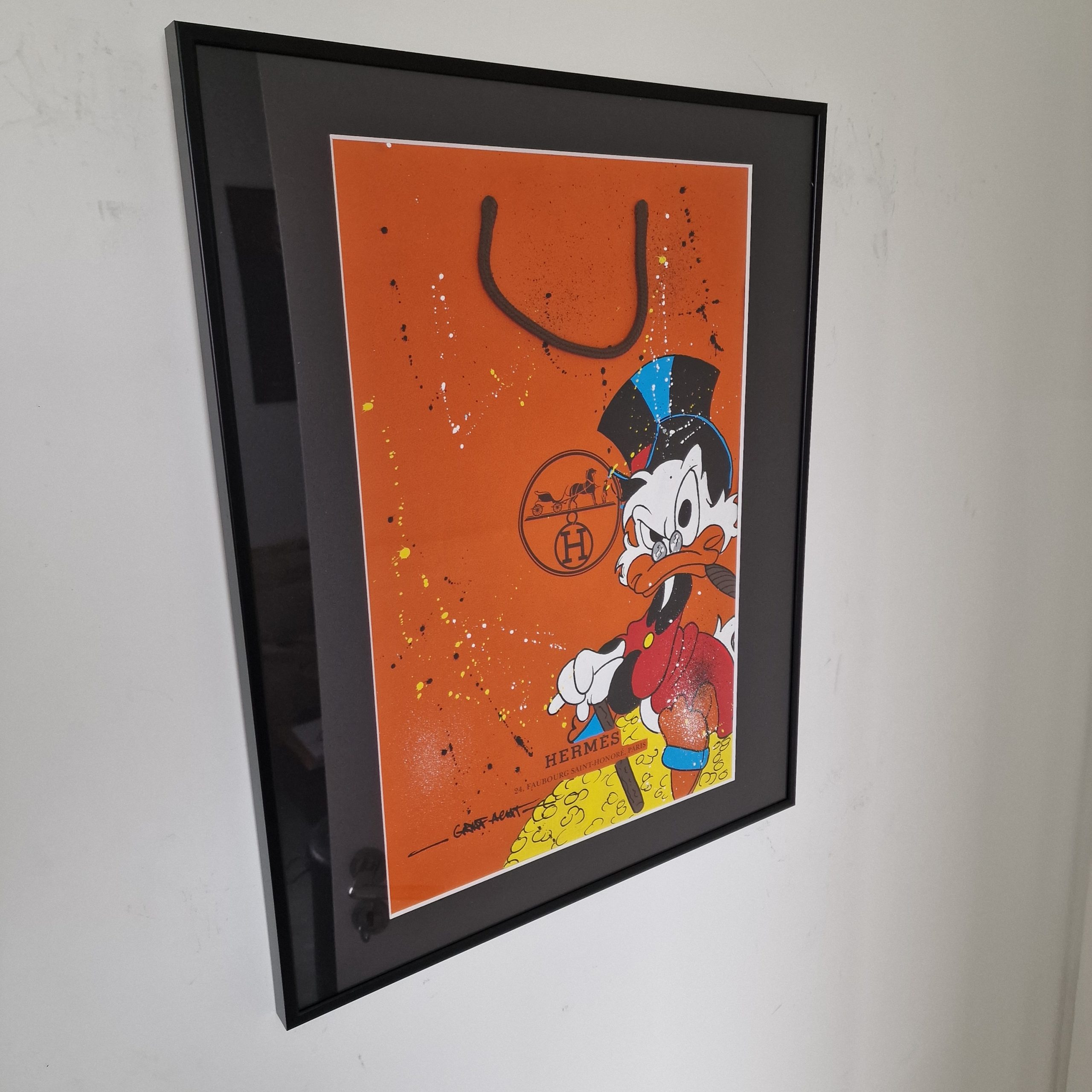 Tableau Picsou sur Véritable Sac Cartonné HERMÈS – Pièce Unique